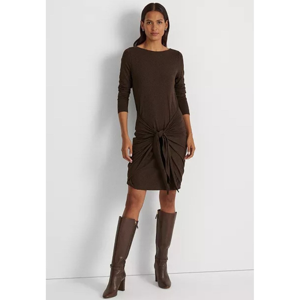 Lauren Ralph Lauren Brown Jersey Tie-Waist Dress Women 6 Long Sleeve Stretch NEW
